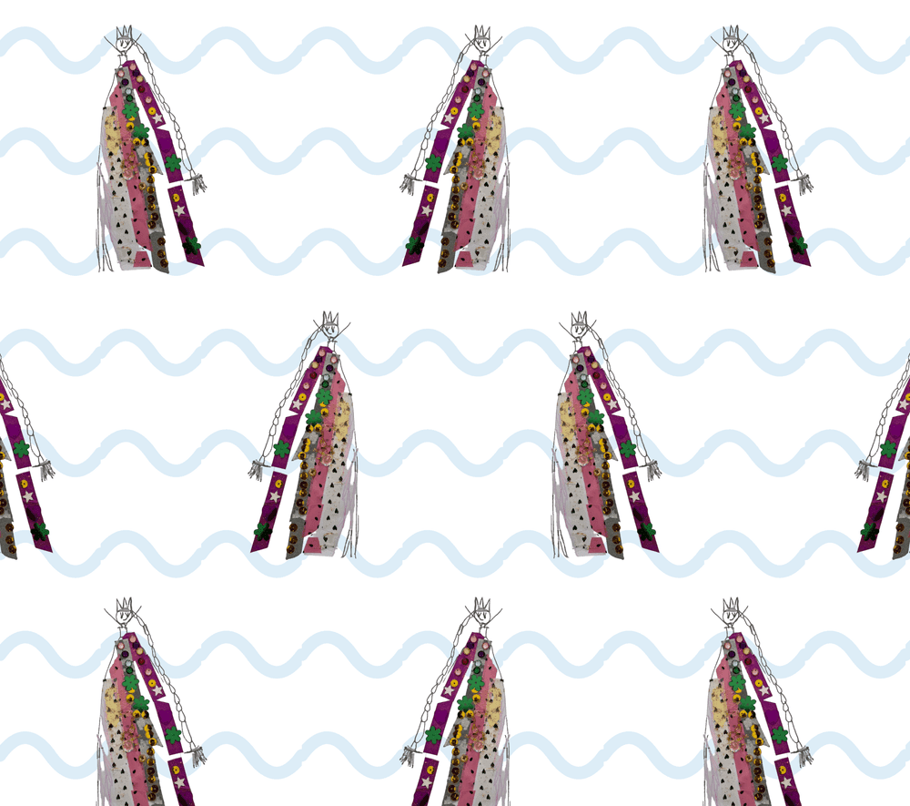A repeating sock pattern built around the child's drawing.